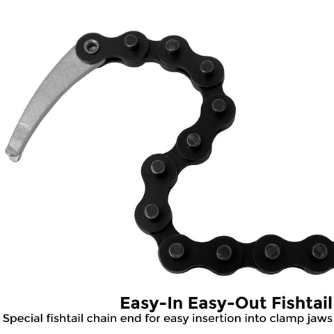 Locking Chain Pliers With 36-Inch Chain Holds Up To 10.5-Inch Diameter Pipe close-up of chain link with fishtail end