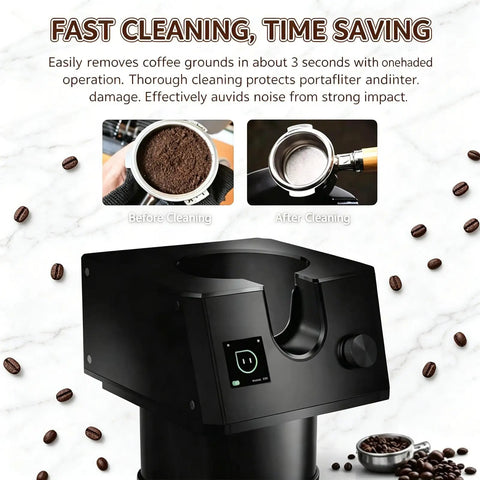 Electric Portafilter Cleaner Automatic Espresso Puck Sucker With Smart Sensor Induction And Three Durable Brush Heads showing before and after cleaning.
