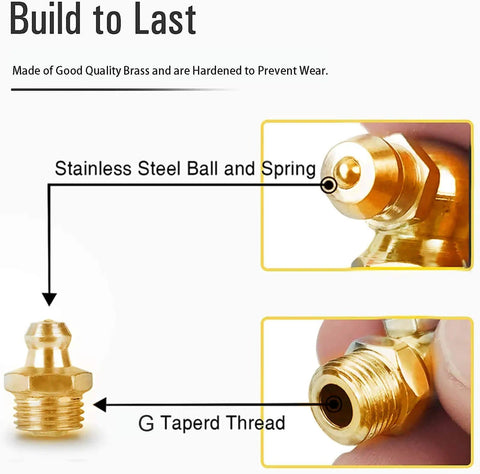 Diagram of Reliable M6 x 1mm Metric Thread 90 Degree Angled Brass Hydraulic Zerk Grease Nipple Fittings showing steel ball and G tapered thread.