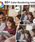 Family reading under 6-Pack A19 LED Light Bulbs That Do 100W Equivalent Daylight 5000K Brightness, Super Efficient 13W, 1500 Lumens, E26 Base, Non-Dimmable, 15000-Hour Lifespan For Bedroom, Living Room, Office with 80+ color rendering index