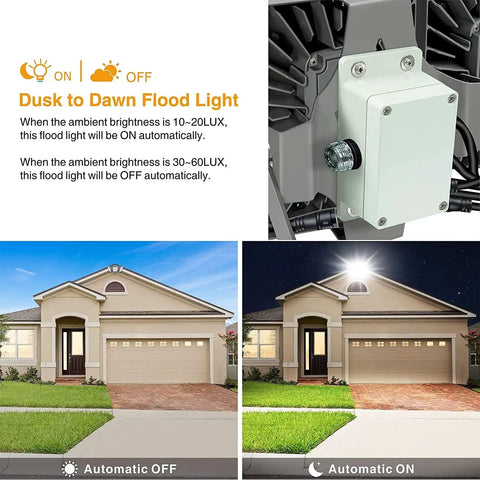 Outdoor 150W LED Flood Light With Dusk To Dawn Photocell Beefy 3 Heads Adjustable Wide Beam IP66 Waterproof 5000K Daylight