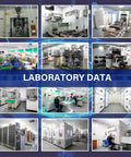 Collage of laboratory data showcasing various manufacturing and testing equipment in a sterile environment.