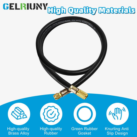 Front view: GELRIUNY HV1S 3/8–1/4 in vacuum charging hose, 5 ft, black with brass fittings