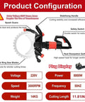 Pro Power 8800W Ring Concrete Saw Rips Through Concrete And Steel With 11.8 Inch Depth features labeled parts and specifications.