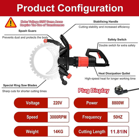 Pro Power 8800W Ring Concrete Saw Rips Through Concrete And Steel With 11.8 Inch Depth features labeled parts and specifications.