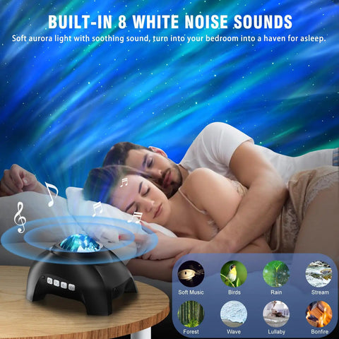 Couple sleeping under aurora sky from Northern Lights Aurora Projector 4 In 1 Night Light Ambient Galaxy Sky Projector With Bluetooth Speaker.