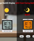 Wireless Indoor Outdoor Thermometer With 500 Ft Range showing day and night display modes with front-facing buttons.