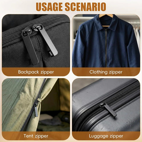 Six Piece Black Zipper Repair Kit For Luggage Backpacks Jackets And More Universal Metal Zipper Pull Replacement Slider Heavy Duty For Double Layer Zippers And Travel Gear Everyday shown on various zippers in different settings.
