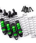 Aluminum Front And Rear RC Shock Absorber Set For Losi 1 18 Mini LMT 4x4 Brushed Monster Truck RTR Upgrade Parts With Beefed Up Damping And Telescopic Travel, showing four green shocks, springs, and screws.