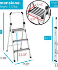 Lightweight Aluminum 3 Step Ladder With Wide Non Slip Steps Foldable Stepladder For Kitchen Pantry Closets And Home Office Space Saving Indoor Use Handy Portable Step Stool Durable Silver Finish dimensions shown, 7.3 lbs, 41.93 in tall