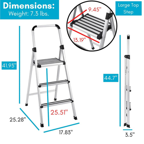 Lightweight Aluminum 3 Step Ladder With Wide Non Slip Steps Foldable Stepladder For Kitchen Pantry Closets And Home Office Space Saving Indoor Use Handy Portable Step Stool Durable Silver Finish dimensions shown, 7.3 lbs, 41.93 in tall