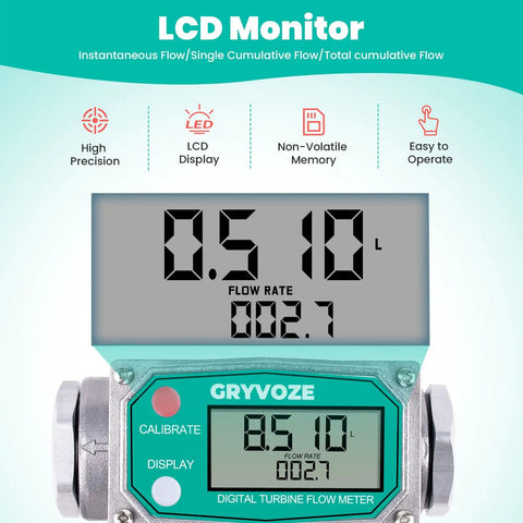 One Inch Inline Water And Fuel Flow Meter With Swivel 360 Connector For 2.6 To 26 GPM NPT Thread Aluminum Alloy Body High Precision Plus Or Minus One Percent For Diesel Gas Oil Gasoline Kerosene Methanol E15 with LCD monitor.