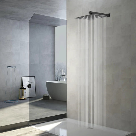 Matte Black Rain Shower Head With 12 Inch Square Head And 16 Inch Extension Arm in modern bathroom setting