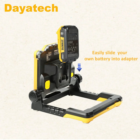 Cordless LED Work Light Compatible With Dewalt And Milwaukee 18V 20V Batteries showing foldable mag base and battery adapter