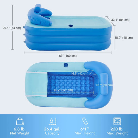 Inflatable Adult Bathtub With Free Standing Design And Foldable Portable Frame Includes Electric Air Pump For Easy Setup In Home Spa For A Chill At Home Soak Durable High Density PVC, top and side view dimensions shown.