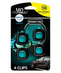Smart Car Vent Freshener Long Lasting Odor Erasing Clip Set Intensity Low Or High Unstopables Crispy Road Ready Scent four pack in packaging.