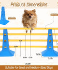 Dog Agility Hurdle Cone Set For Backyard Training With 4 Adjustable Height Levels And Crossbar Rehab Friendly Obstacle Course Kit For Beginners Includes 10 Blue Bases And 5 Yellow Bars showing dimensions with a small dog jumping over yellow bars between blue cones.