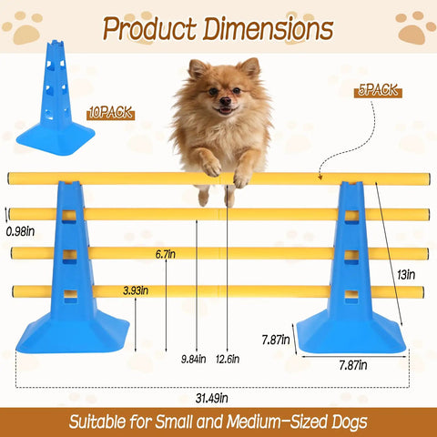 Dog Agility Hurdle Cone Set For Backyard Training With 4 Adjustable Height Levels And Crossbar Rehab Friendly Obstacle Course Kit For Beginners Includes 10 Blue Bases And 5 Yellow Bars showing dimensions with a small dog jumping over yellow bars between blue cones.