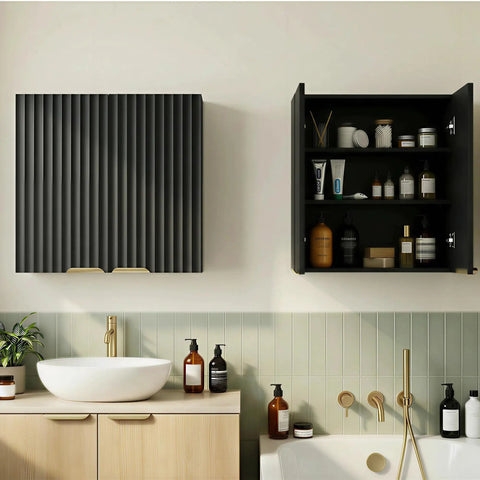 Slick Fluted Black Bathroom Wall Cabinet with Two Doors open, showing shelves with toiletries, wall mounted above a bathroom sink.
