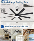 Diagram showing 66 Inch Black Ceiling Fan With Lights For Indoor Outdoor Spaces Slick Remote And App Control with measurements.