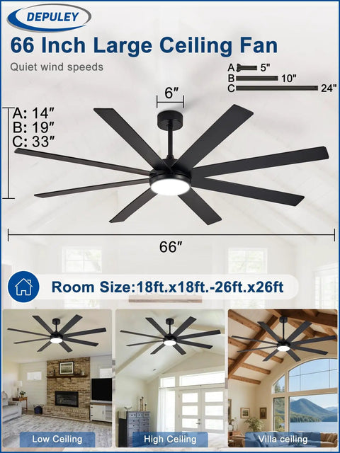 Diagram showing 66 Inch Black Ceiling Fan With Lights For Indoor Outdoor Spaces Slick Remote And App Control with measurements.