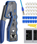 RJ45 Crimp Tool Kit Pass Through Ethernet Crimper For Cat5e Cat6 Cat6a 8P8C Modular Connectors All In One Pro Grade Crimping Tool And Tester With Wire Stripper Cable Tester 20 Pass Thru Connectors 9V Battery Not Included, showing crimping tool, connectors, and cable tester.