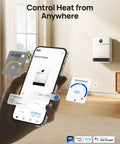 Smart Wall Heater With Alexa app control, mounted on wall in a living room, showing remote control features on smartphone screen.