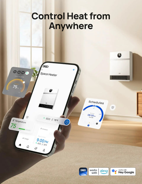 Smart Wall Heater With Alexa app control, mounted on wall in a living room, showing remote control features on smartphone screen.