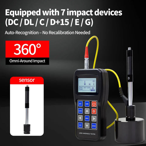 Portable Metal Hardness Tester With 170 To 960 HLD Range, Digital Hardness Meter With 7 Impact Probes displayed with sensors
