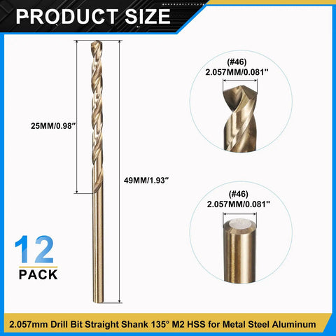 12 Pack M2 High Speed Steel Drill Bits 0.081 Inch Diameter, 2.057 Mm, Micro Jobber Straight Shank, 135 Degree Split Point, Gold Finish
