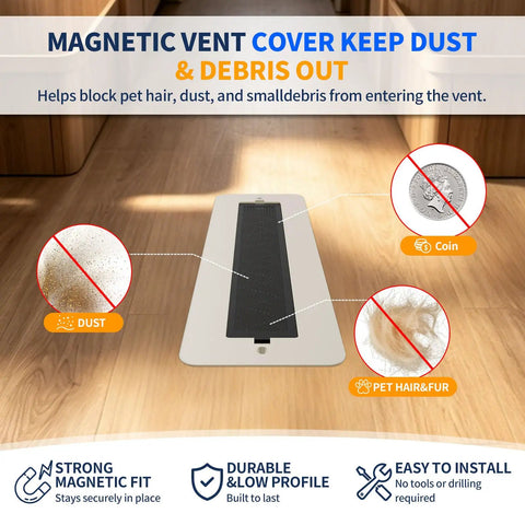 Aluminum RV Floor Register 2x10 with Magnetic Vent Cover blocks dust, coin, pet hair, boosts airflow and interior vibe inside use