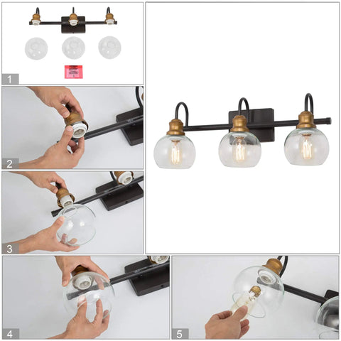 Dope Three Light Vanity Fixture For Bathroom With Oil Rubbed Bronze Finish, Antique Gold Sockets, Clear Glass Globe Shades, installation steps
