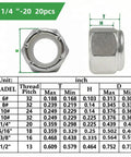 20 Pack Nylon Insert Lock Nuts 1/4-20 Stainless Steel Nylock Hex Nuts Inch SAE Coarse Thread with size chart