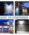 Ultra Bright Solar Motion Sensor Security Lights illuminating various outdoor spaces at night, highlighting houses and garages.
