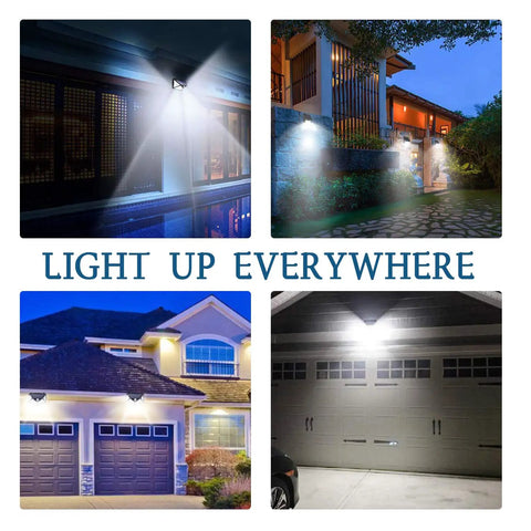 Ultra Bright Solar Motion Sensor Security Lights illuminating various outdoor spaces at night, highlighting houses and garages.
