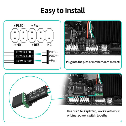 External Desktop PC Power Button Switch With LED Easy Install Power On Off Button Extension Cable For Computer Motherboard And DIY PC Builds In Hard To Reach Setups No Brainer connected to motherboard pins with 1-to-2 splitter