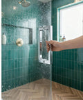 Person using Back-To-Back Replacement Handles, 6 Inch Square Shower Door Pulls, Chrome Finish, in bathroom