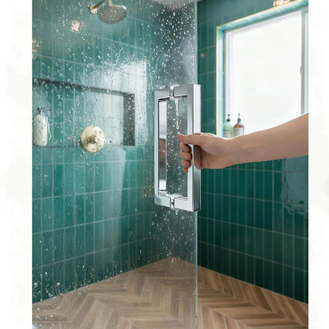 Person using Back-To-Back Replacement Handles, 6 Inch Square Shower Door Pulls, Chrome Finish, in bathroom