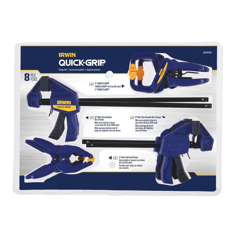 Quick Grip Woodworking Clamps 6 Inch 8 Piece Set With Quick Release Triggers, packaging displaying mini bar clamps.