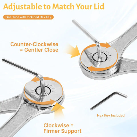 Close-up of Heavy Duty Mechanical Lid Stay Hinge 110-Degree Adjustable Soft Close showing adjustment mechanism with hex key.
