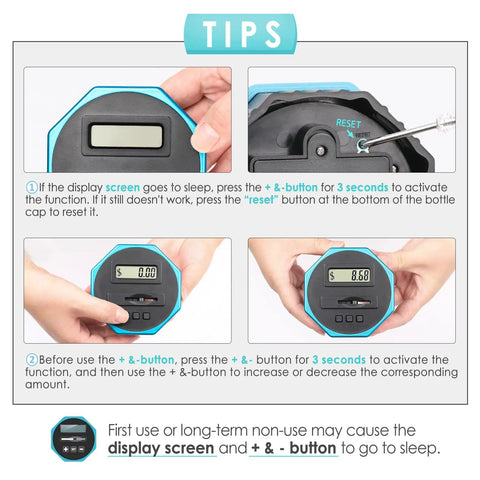 Oversized Piggy Bank For Adults And Kids With Digital Coin Counter instructions with hands holding LCD display
