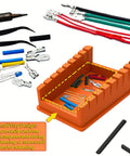 Silicone Soldering Wire Holder With 30 Piece Heat Shrink Tubing Kit, Helping Hands Soldering Stand, 8 Slot Iron Stand For 32 AWG To 12 AWG Wire Welding Fixture, Includes 2 Solder Sponges And Anti Slip Base with small parts and wires on orange tray.