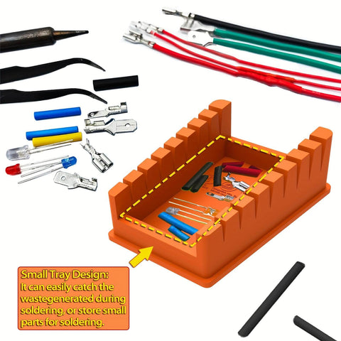 Silicone Soldering Wire Holder With 30 Piece Heat Shrink Tubing Kit, Helping Hands Soldering Stand, 8 Slot Iron Stand For 32 AWG To 12 AWG Wire Welding Fixture, Includes 2 Solder Sponges And Anti Slip Base with small parts and wires on orange tray.