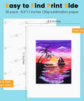 Front and back view of 8.5 x 11 inches sublimation paper 30 sheets 120 GSM for inkjet printers with vivid colors and DIY design.