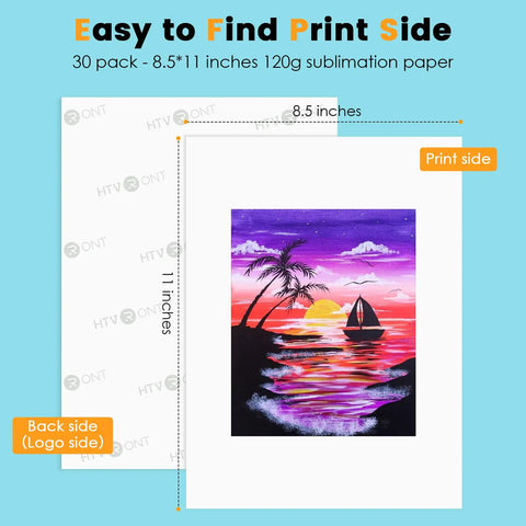 Front and back view of 8.5 x 11 inches sublimation paper 30 sheets 120 GSM for inkjet printers with vivid colors and DIY design.