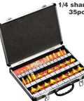 Slick Tungsten Carbide Router Bit Set Featuring Badass One Quarter Inch Shank And Premium Thirty Five Piece Woodworking Cutters in storage case.