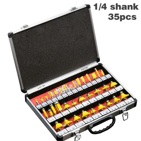 Slick Tungsten Carbide Router Bit Set Featuring Badass One Quarter Inch Shank And Premium Thirty Five Piece Woodworking Cutters in storage case.