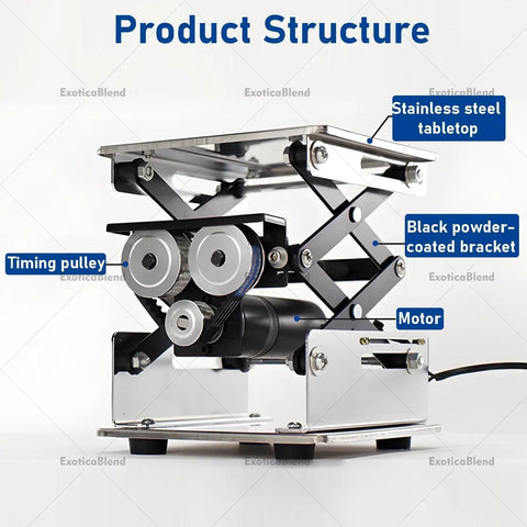 Smooth Electric Scissor Lift Table With Rockin 10kg Load And Snappy Height Adjust For Lab, Workshop Or Stage Gear Using Cool Rolling Sliding Base showcasing stainless steel tabletop and motor.