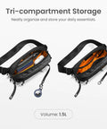 1.5L Sling Bag With RFID Blocking showing open compartments and orange lining, crossbody chest pack for men and women, tri-compartment view