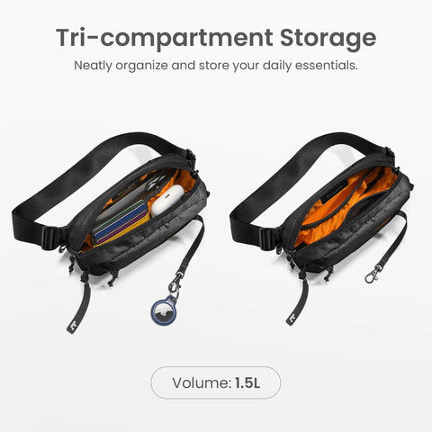 1.5L Sling Bag With RFID Blocking showing open compartments and orange lining, crossbody chest pack for men and women, tri-compartment view